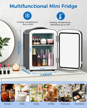 Electactic mini fridge interior storage layout highlights organized cosmetics and medicines