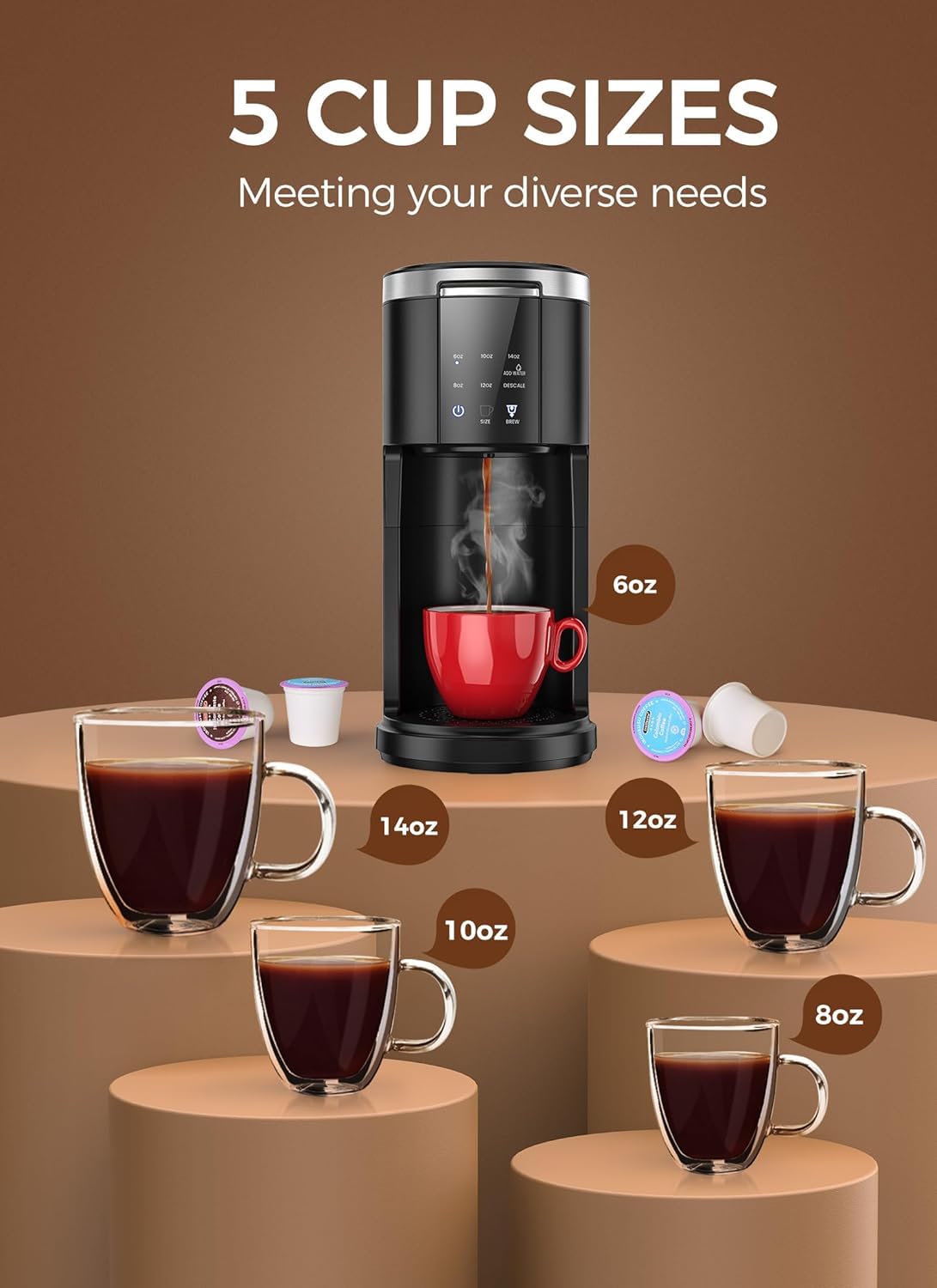 Electactic two-in-one brewing supports K-Cup and ground coffee for versatility.