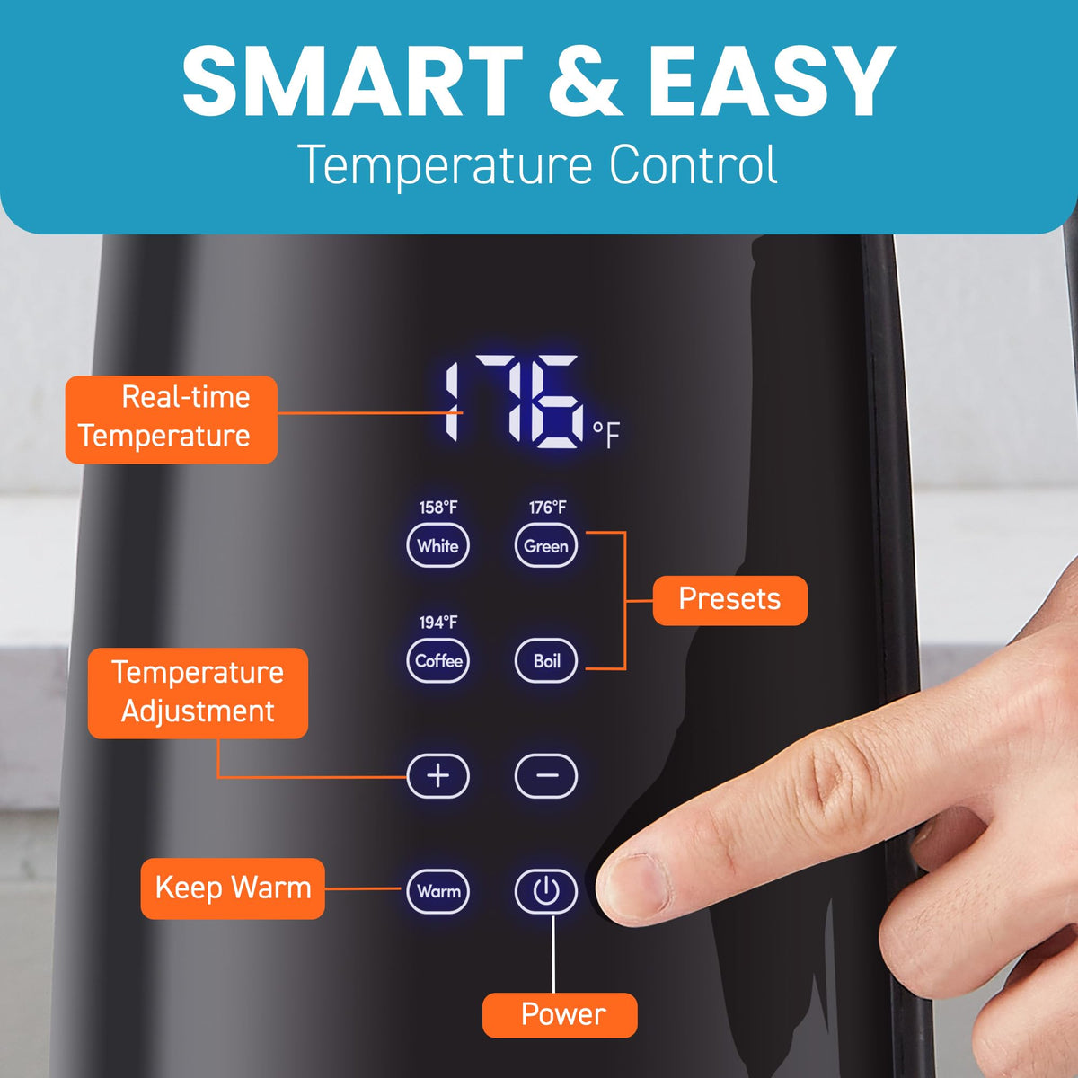 Elite Gourmet 360° base offers cordless use and hidden cord storage.