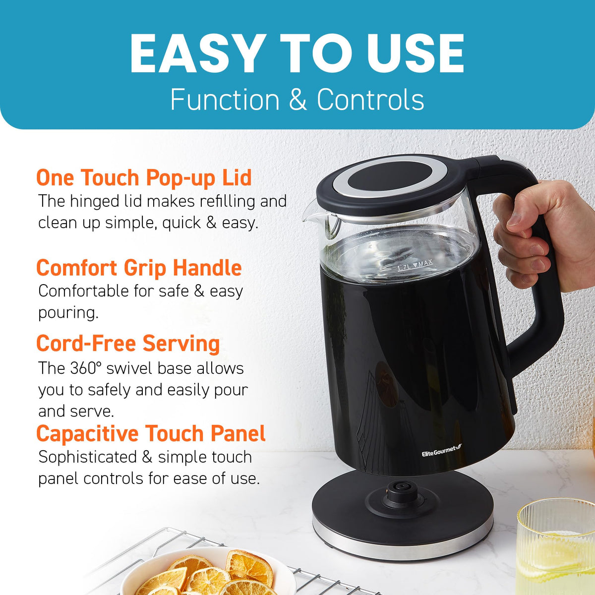 Elite Gourmet dual-wall cool-touch exterior stays safe to handle.