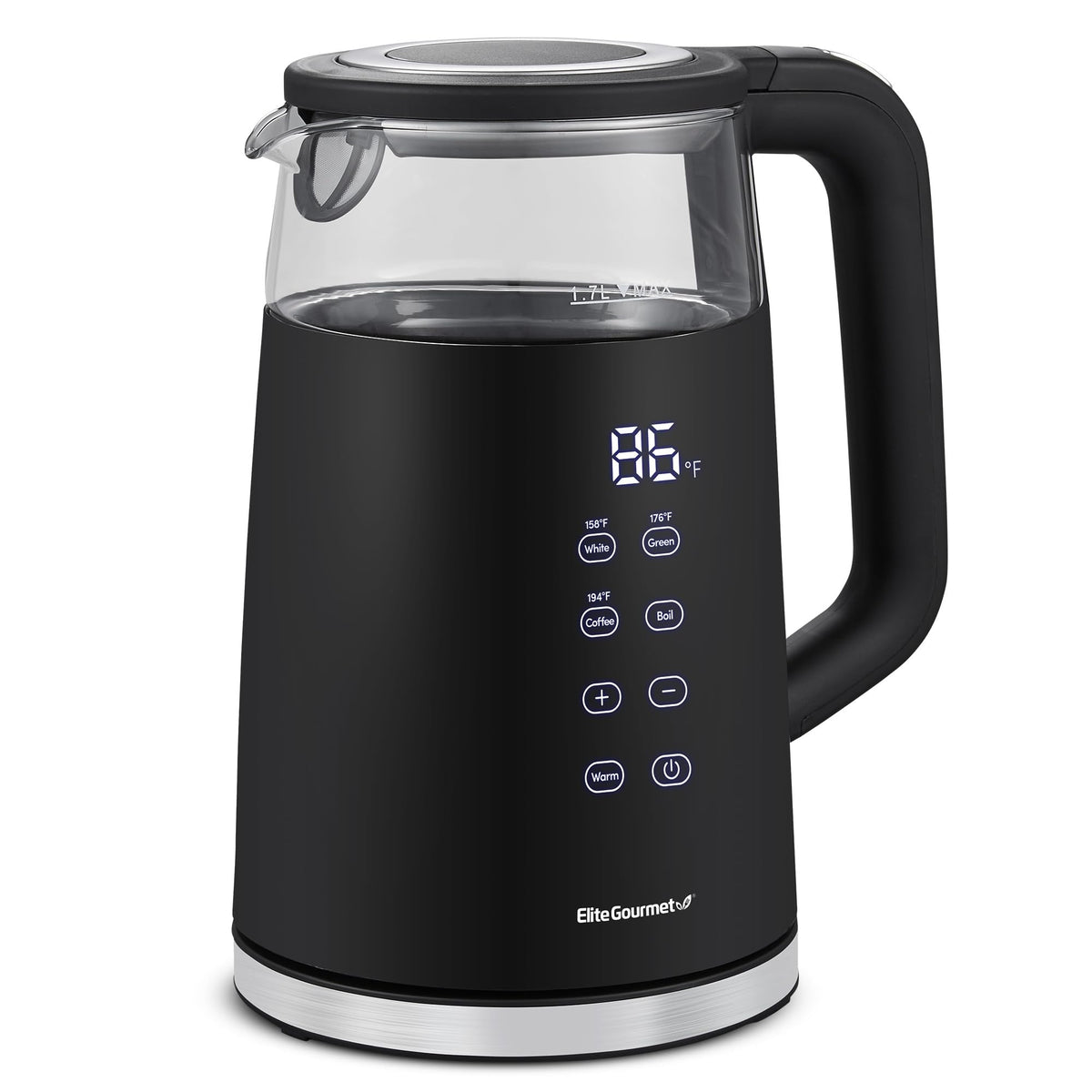 Elite Gourmet 1.7L glass-bodied kettle for clear visibility during tea brewing.