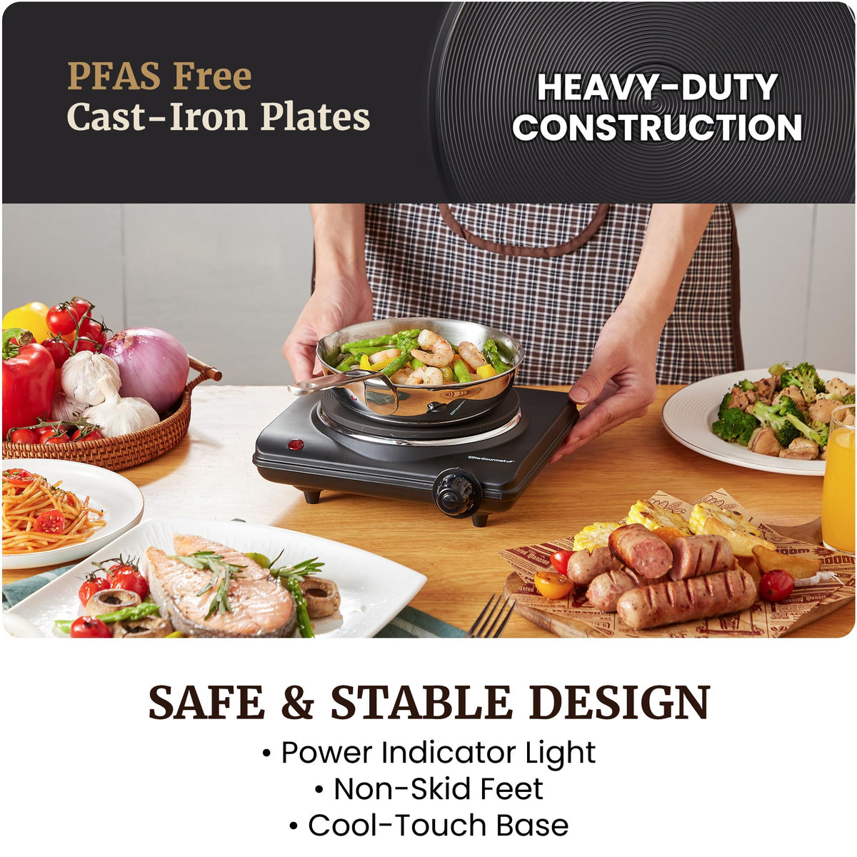 7 heat level dial on Elite Gourmet hot plate for precise control.