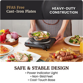 7 heat level dial on Elite Gourmet hot plate for precise control.
