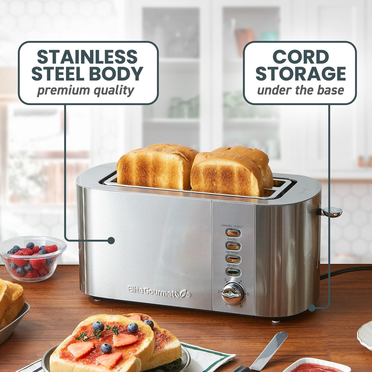 Elite Gourmet ECT4123 slot 1-5 inch wide open view, efficiently handles bagels and artisan bread.