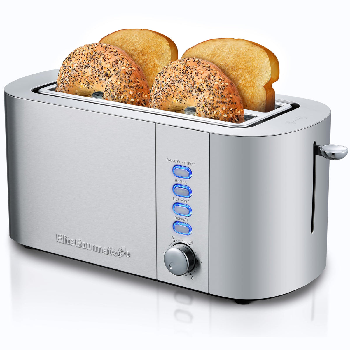 Elite Gourmet ECT4123 toaster front view with a sleek stainless steel finish for a stylish, space-saving kitchen.