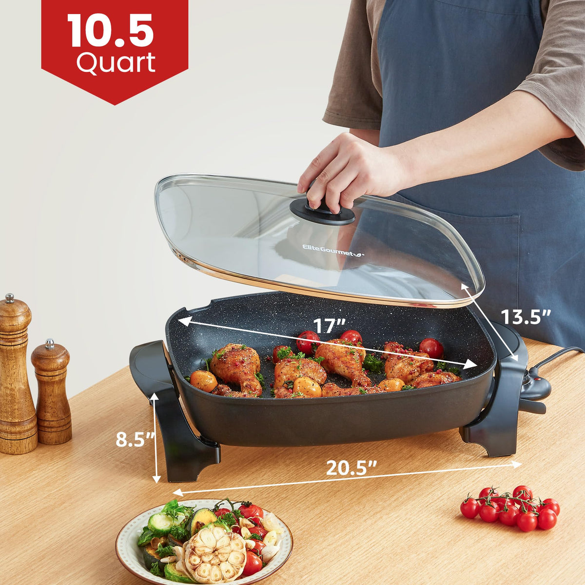 Elite Gourmet EG-6203X integrated pour spout for safe drainage.