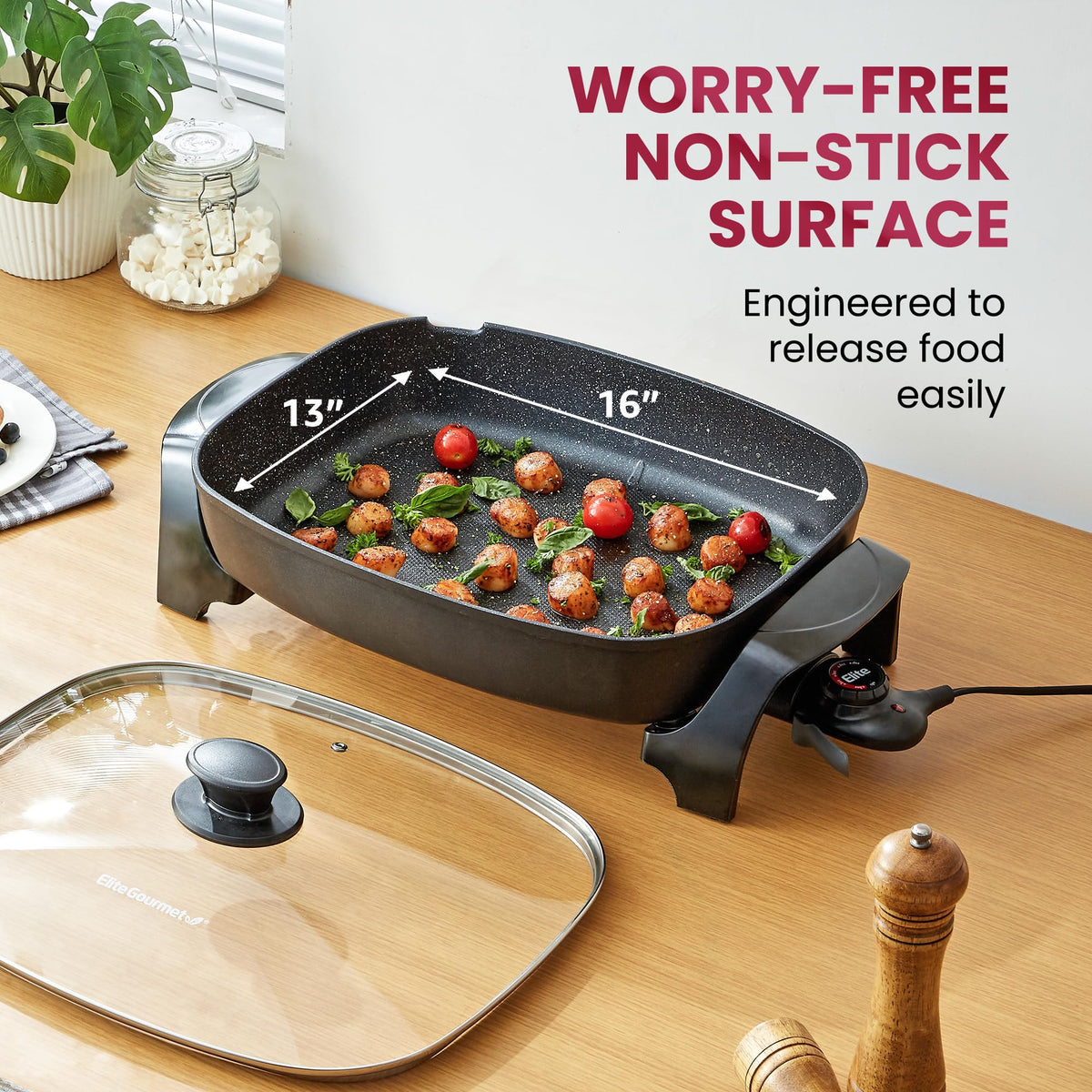 Elite Gourmet EG-6203X vented glass lid shows cooking progress.