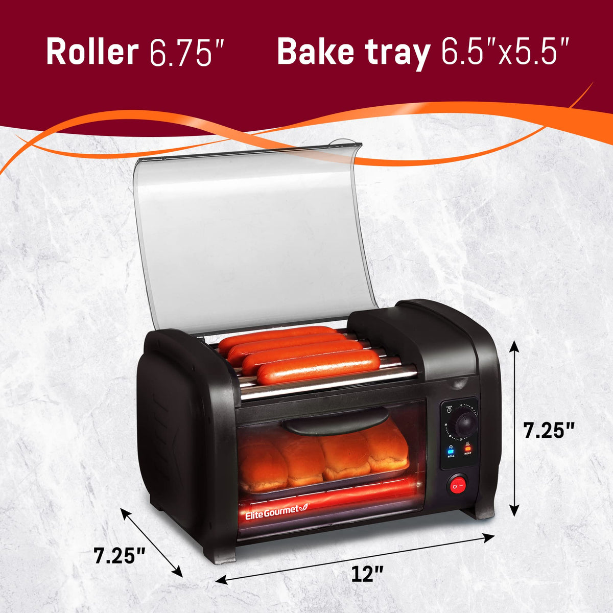 Elite Gourmet EHD-051B rollers in action browning hot dogs on all sides.