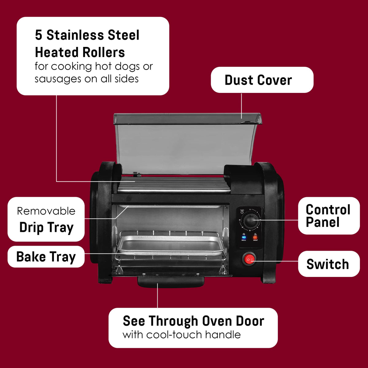 Elite Gourmet EHD-051BX oil-retaining tray simplifies cleanup after sausages.
