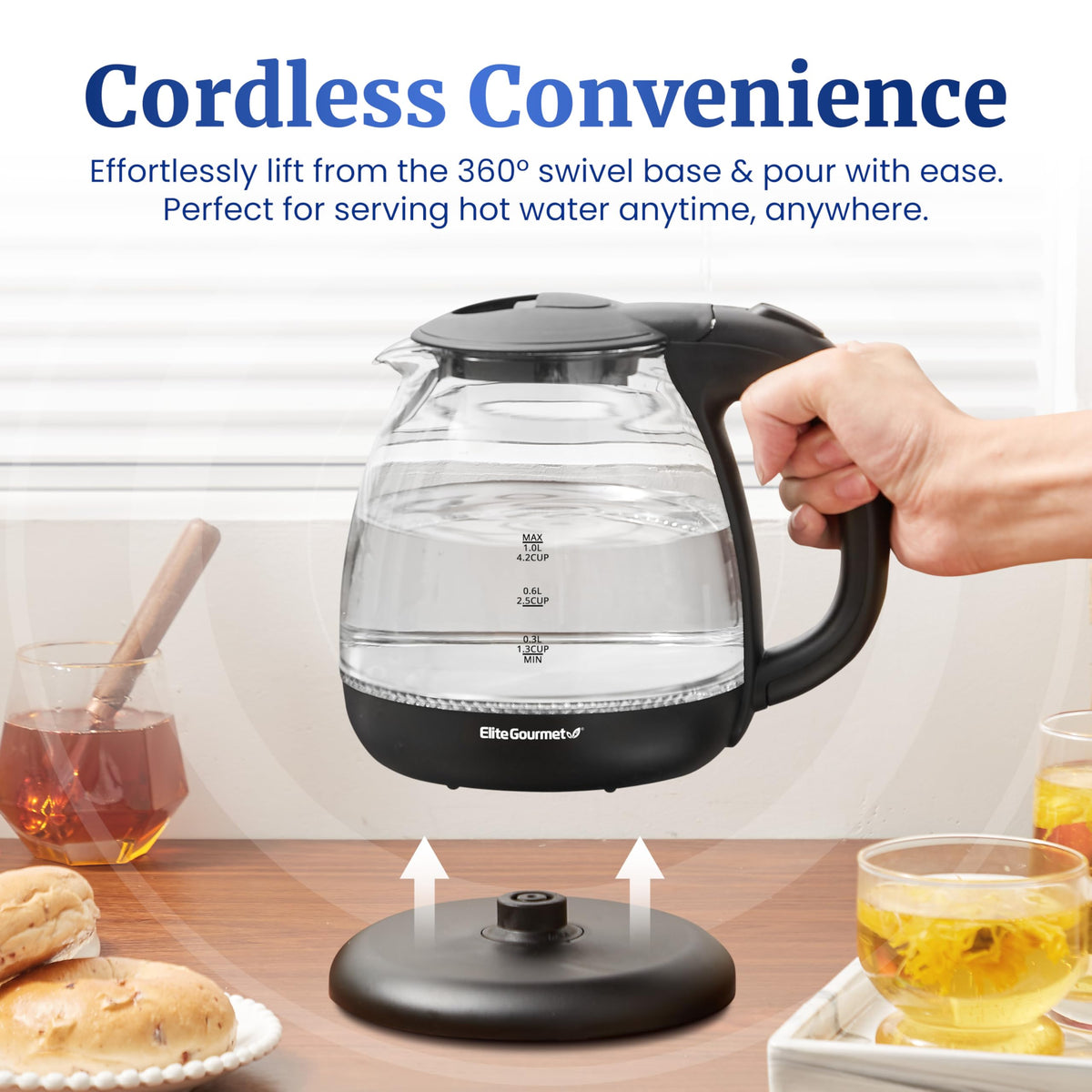 Elite Gourmet EKT1001 on 360 degree base for cordless pouring