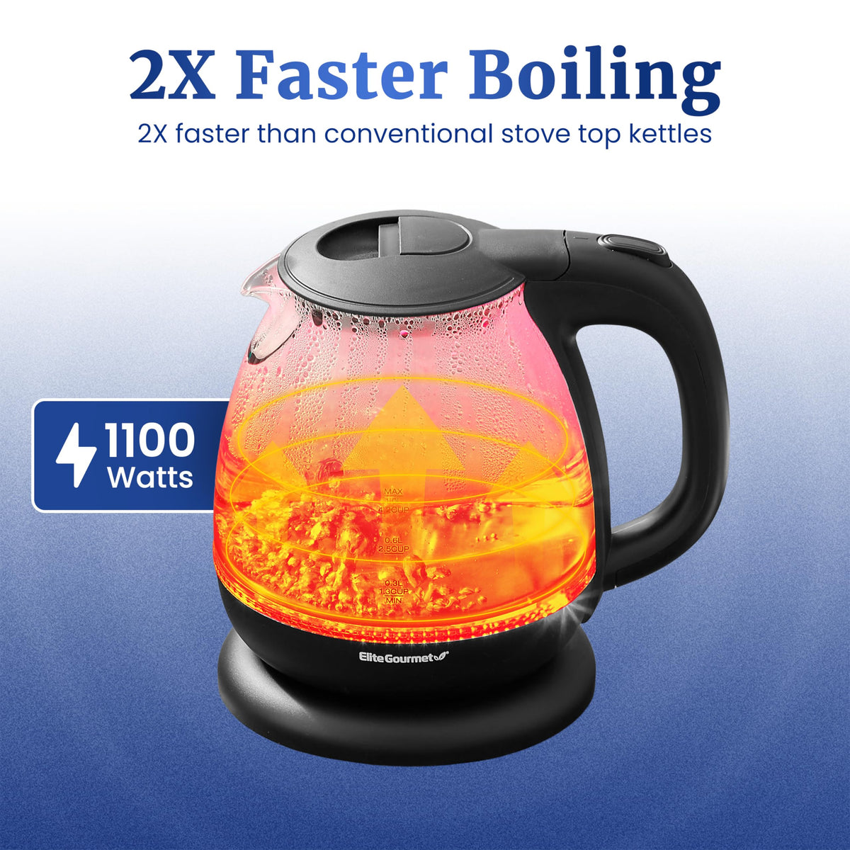 Elite Gourmet EKT1001 glass kettle showing blue LED interior while boiling