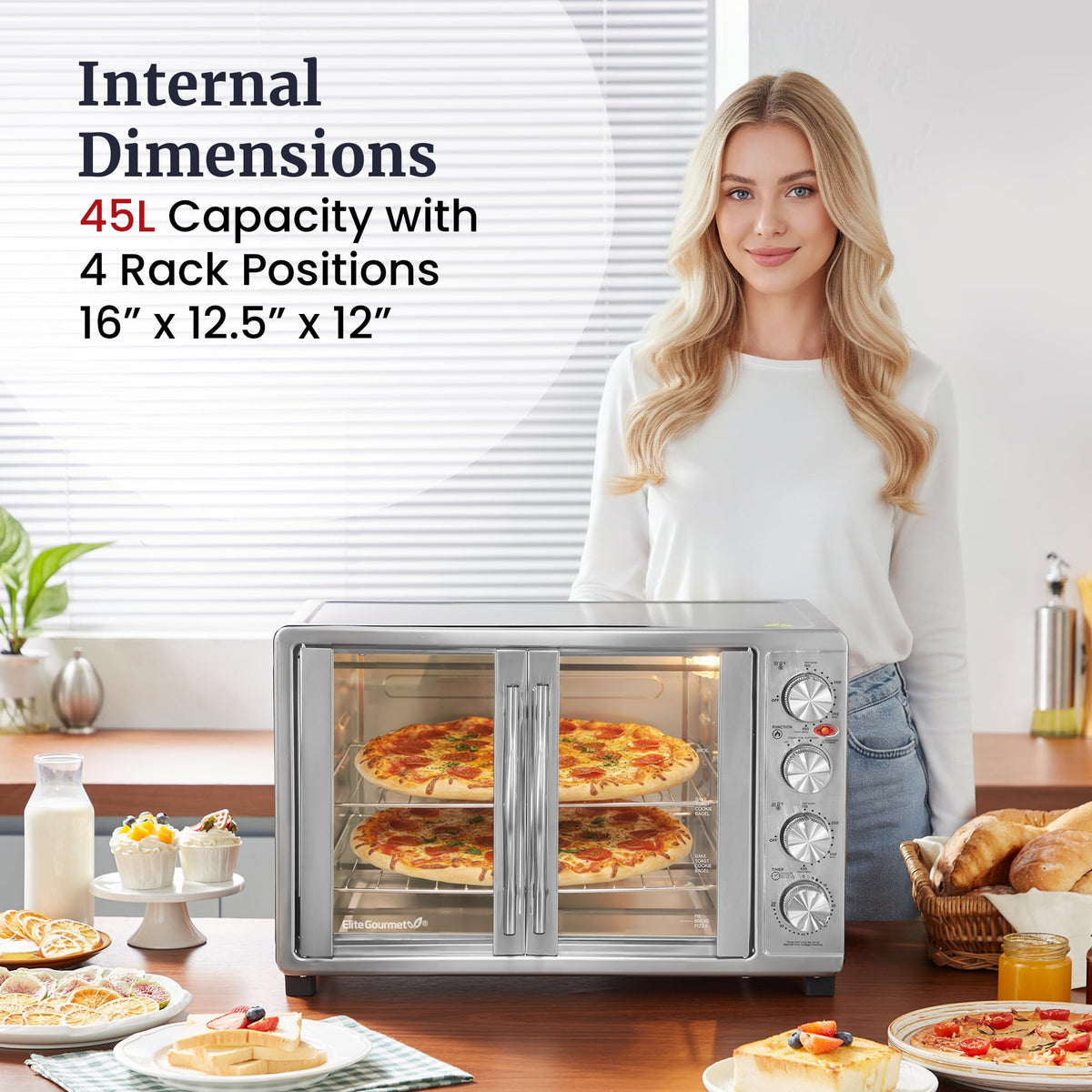 Elite Gourmet ETO-4510M interior showing rotisserie assembly for even roasting