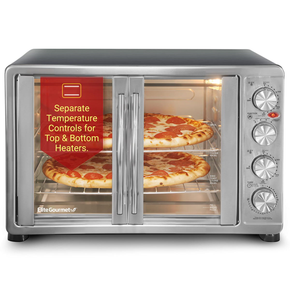 Elite Gourmet ETO4510B front view with dual doors for space-saving access.