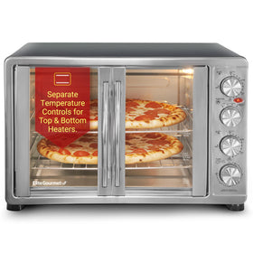 Elite Gourmet ETO4510B front view with dual doors for space-saving access.