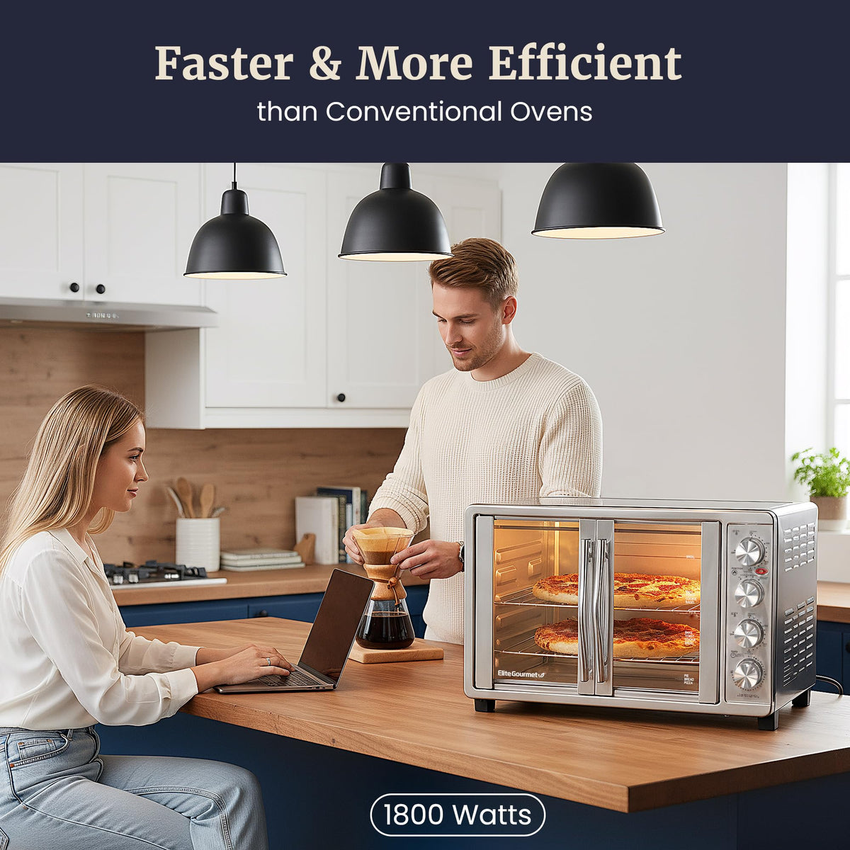 Elite Gourmet ETO4510B interior light highlights contents for easy monitoring.