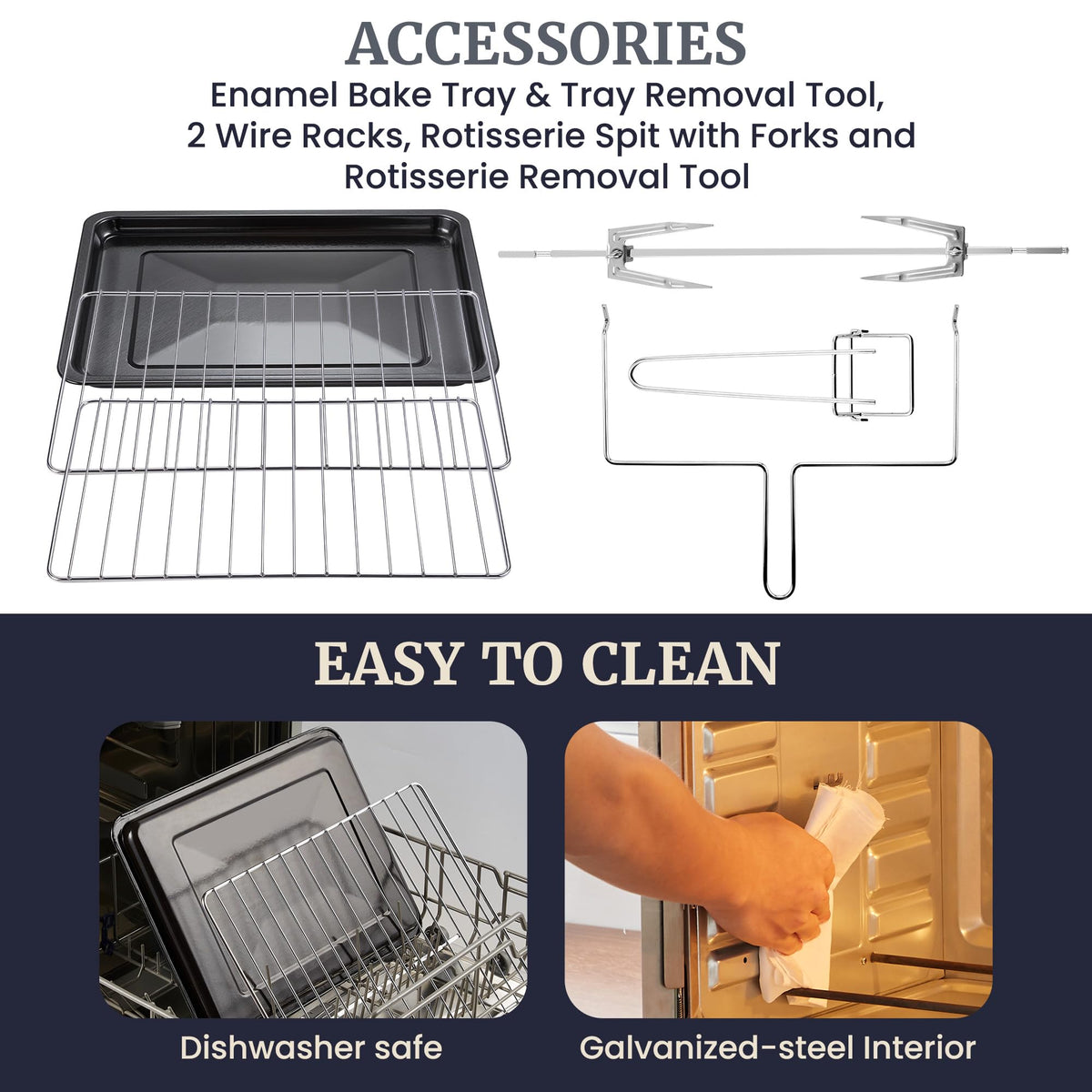 Elite Gourmet ETO4510B two 12-inch pizza racks enable multitier pizza baking.