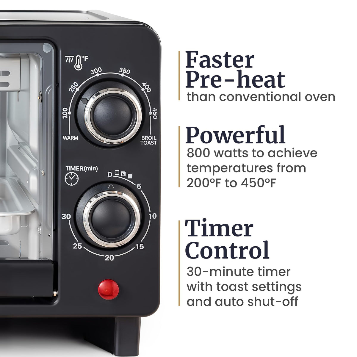 Elite Gourmet Eto490 800W power enables quick cooking