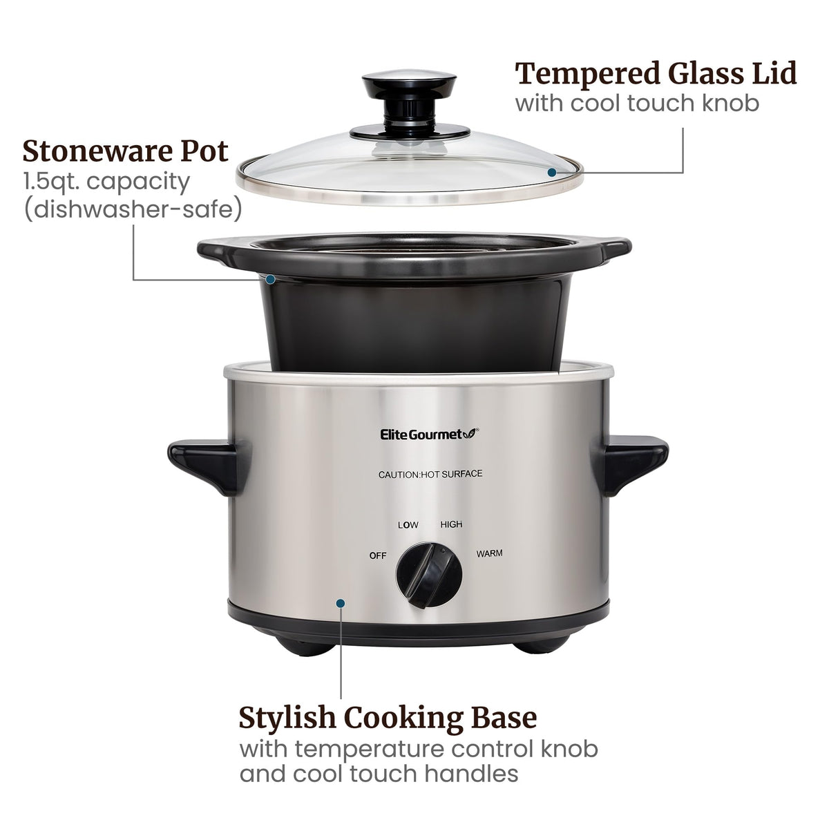 Elite Gourmet MST-250XS keep-warm setting keeps meals ready.
