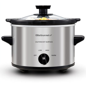 Elite Gourmet MST-250XS slow cooker with stainless steel base, compact kitchen helper.