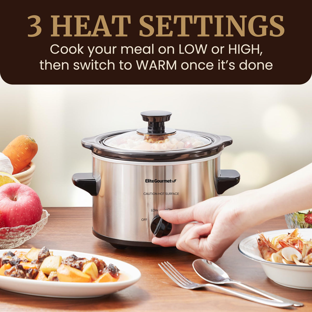 Elite Gourmet MST-250XS tempered glass lid viewed during cooking.