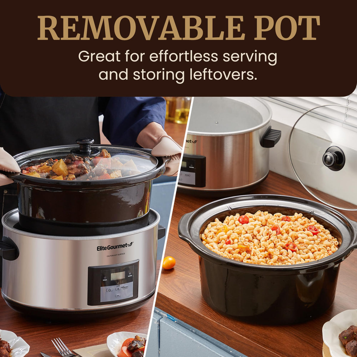 Elite Gourmet MST-900D clear glass lid showing moisture retention and view.