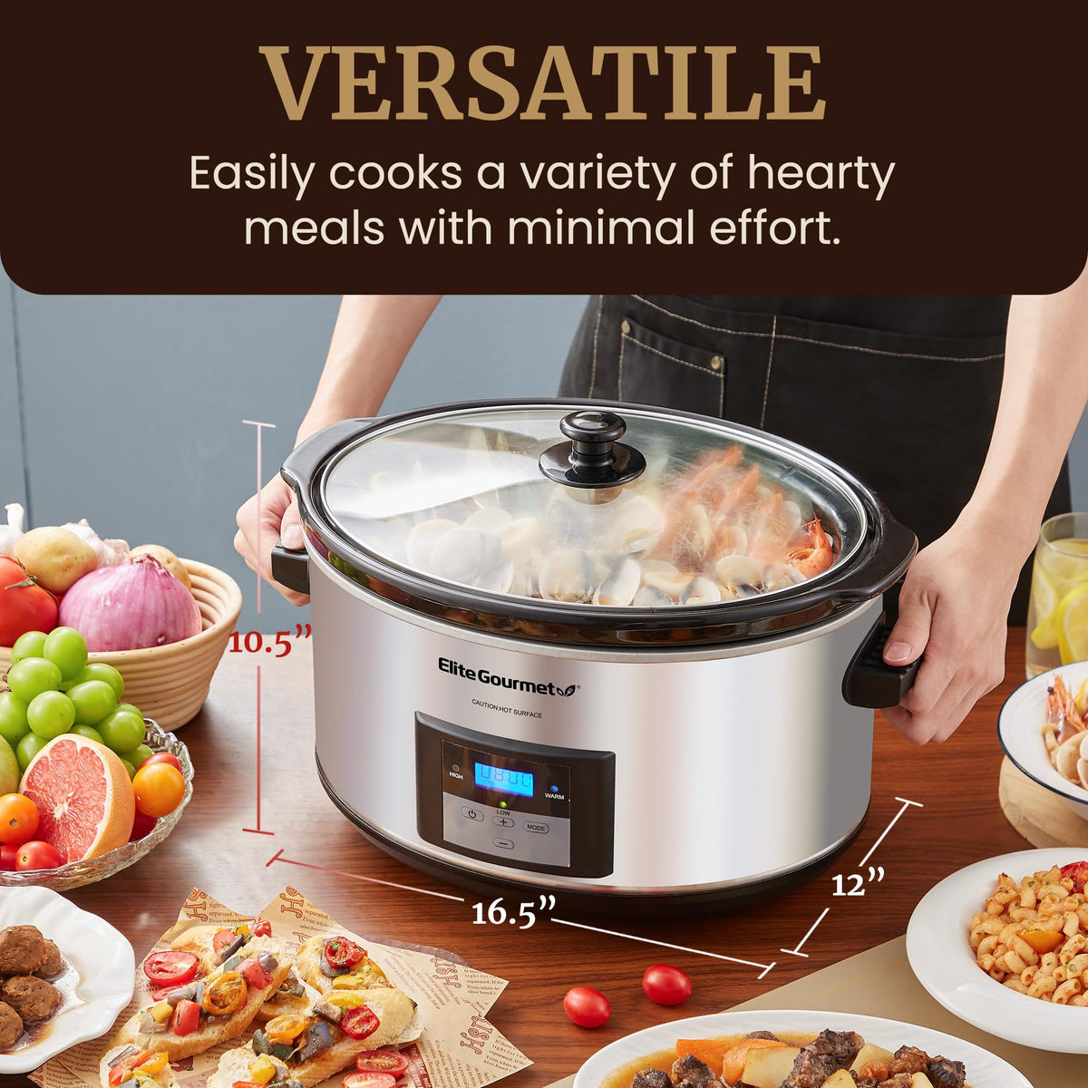 Elite Gourmet MST-900D dishwasher-safe crock and lid ease cleanup.