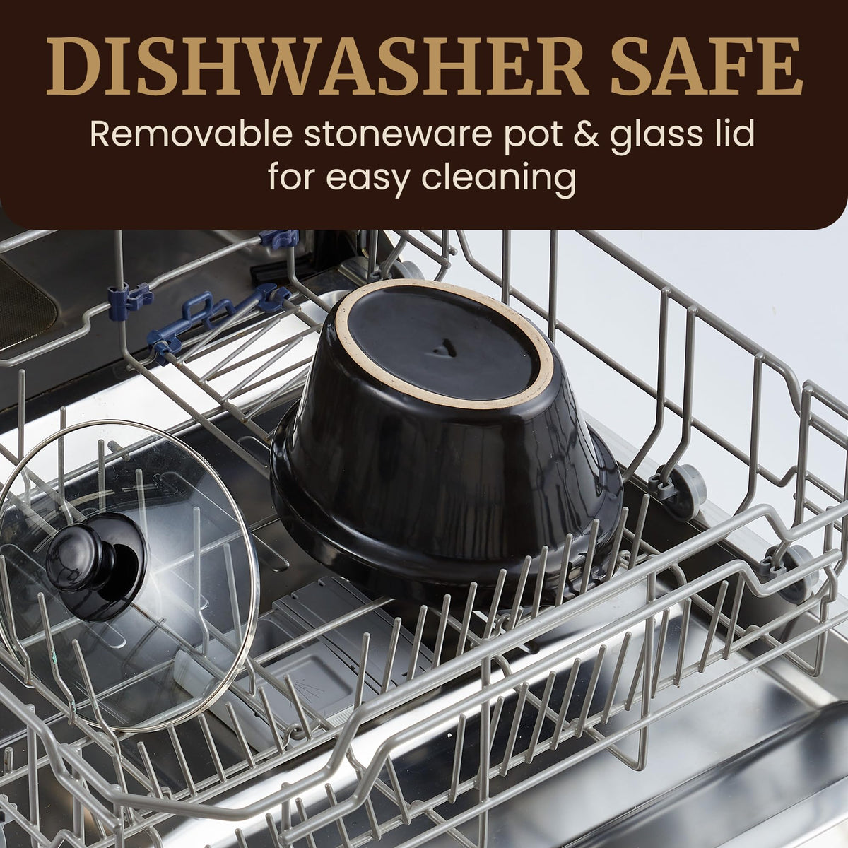 Dishwasher-safe lid and stoneware pot for quick cleanup on Elite Gourmet MST-275XS