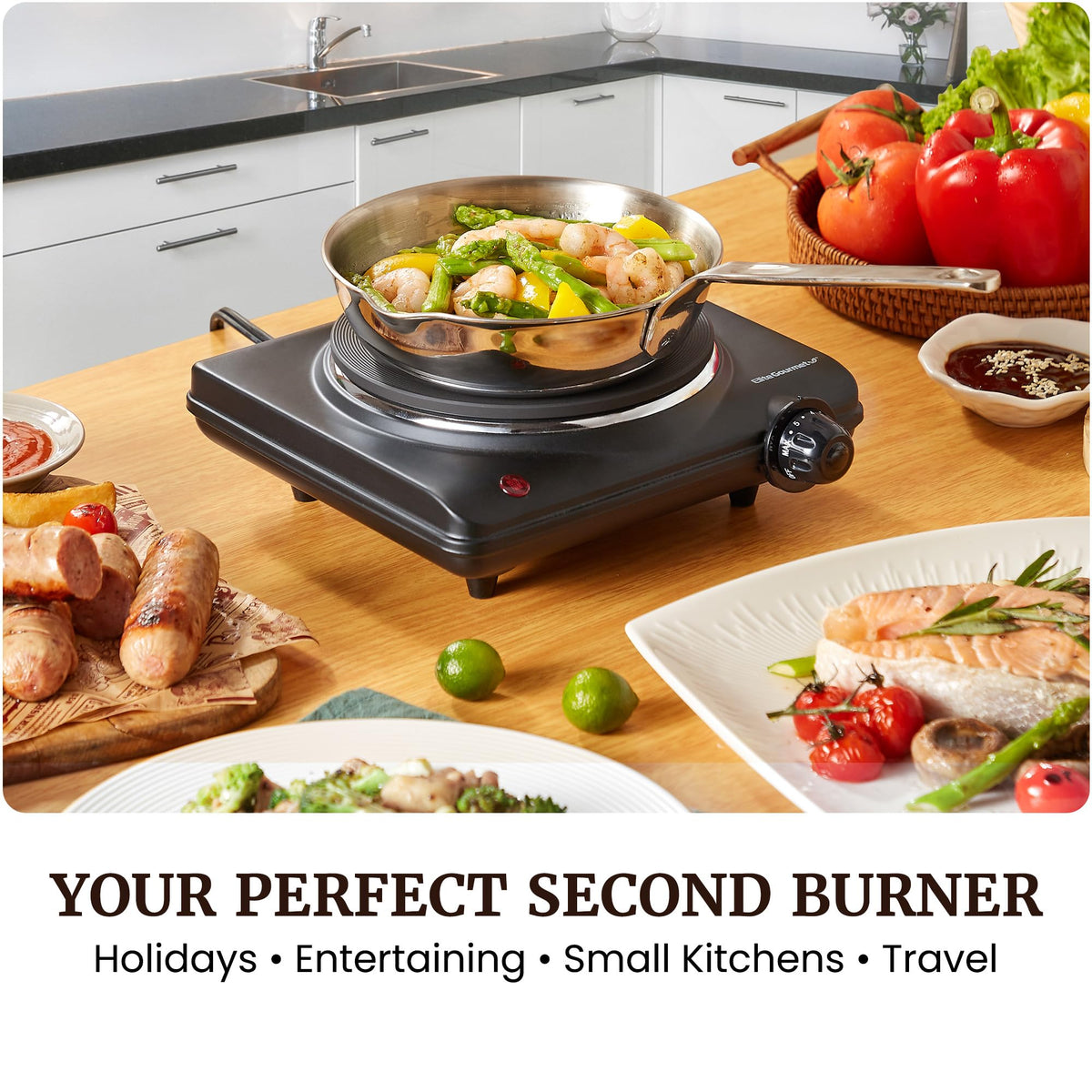 Portable Elite Gourmet cooktop in a dorm room setting for quick meals.