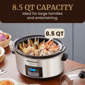 Elite Gourmet cool-touch handles photo emphasizes safe transport and spillage protection.