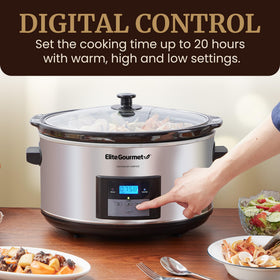 Elite Gourmet slow cooker lid close-up highlights the clear glass lid for easy monitoring.