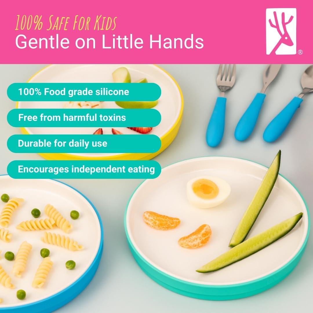 Elk and Friends high-walled plate aids scooping for toddlers.