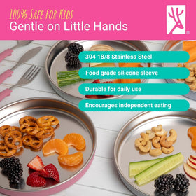 Elk and Friends non-divided plate on table offers built-in grip for steady meals