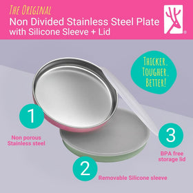 Elk and Friends silicone sleeve on plate provides non-slip grip for stable dining.