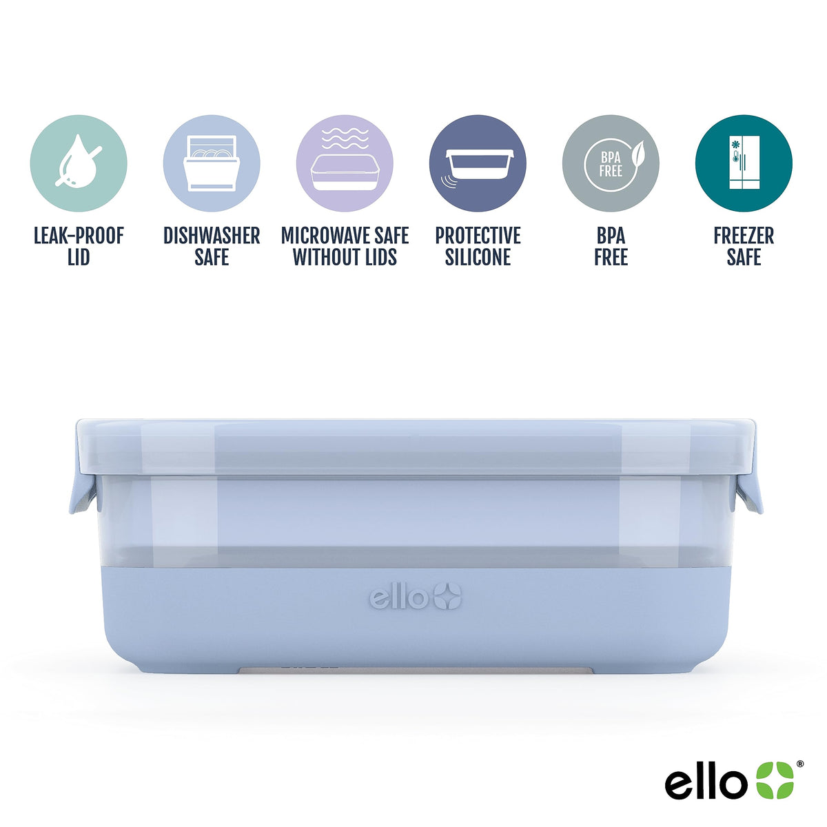 Ello airtight lids for 5-pack, keep foods fresh and spill-free.