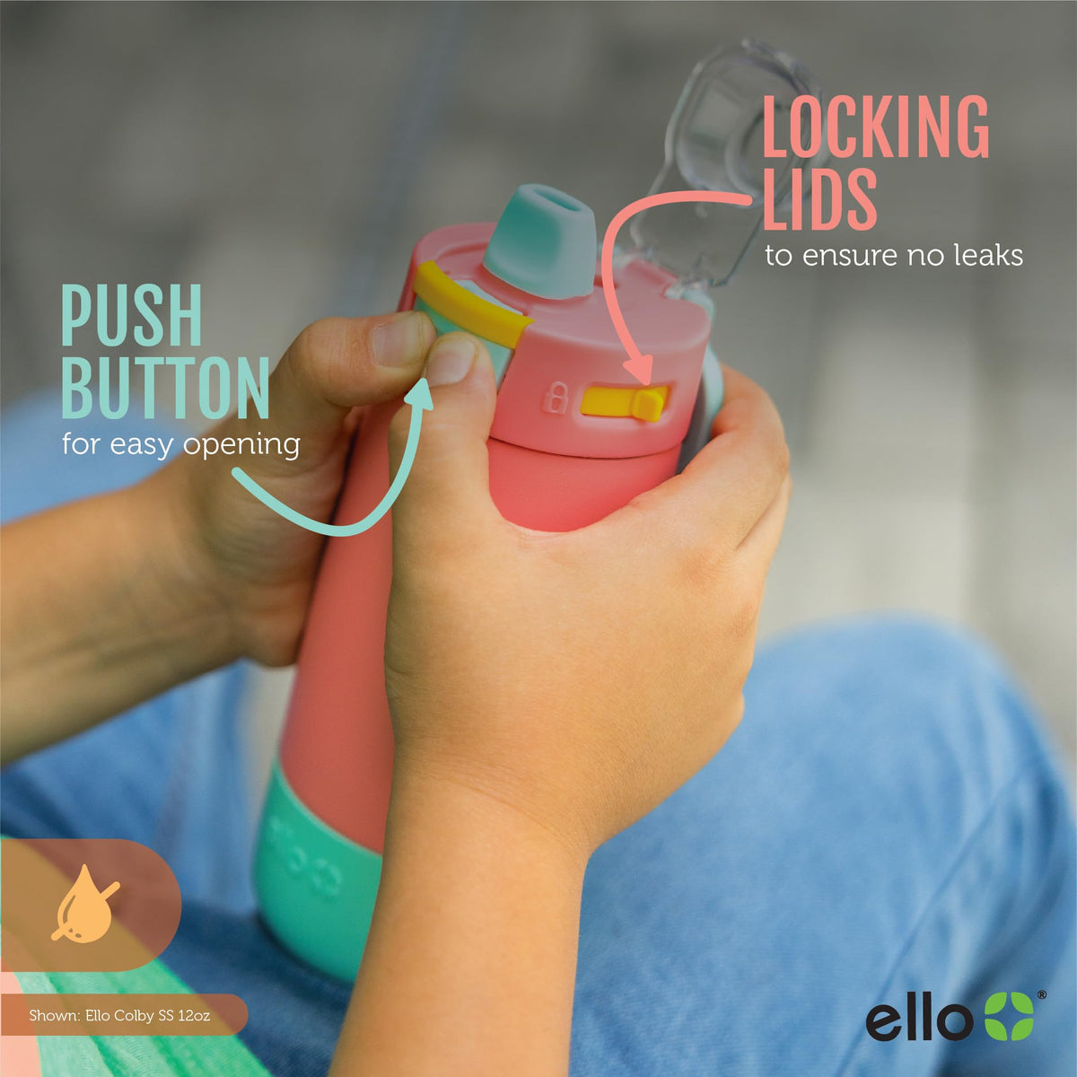 Ello Colby straw extended for easy one-handed sipping during play