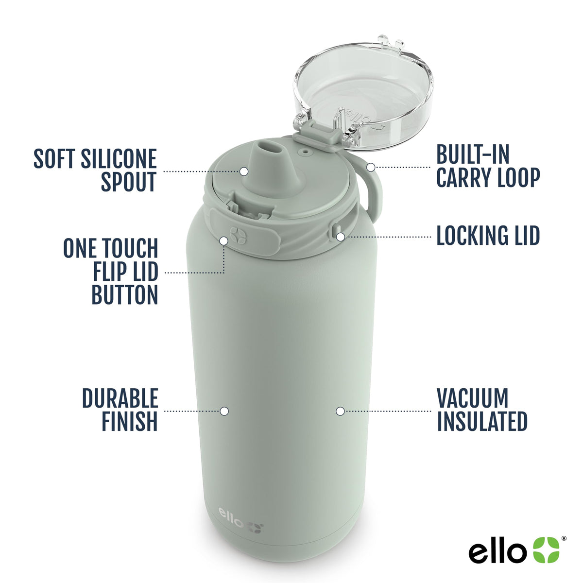 Ello Cooper leak-proof locking lid secures your drink during travel.