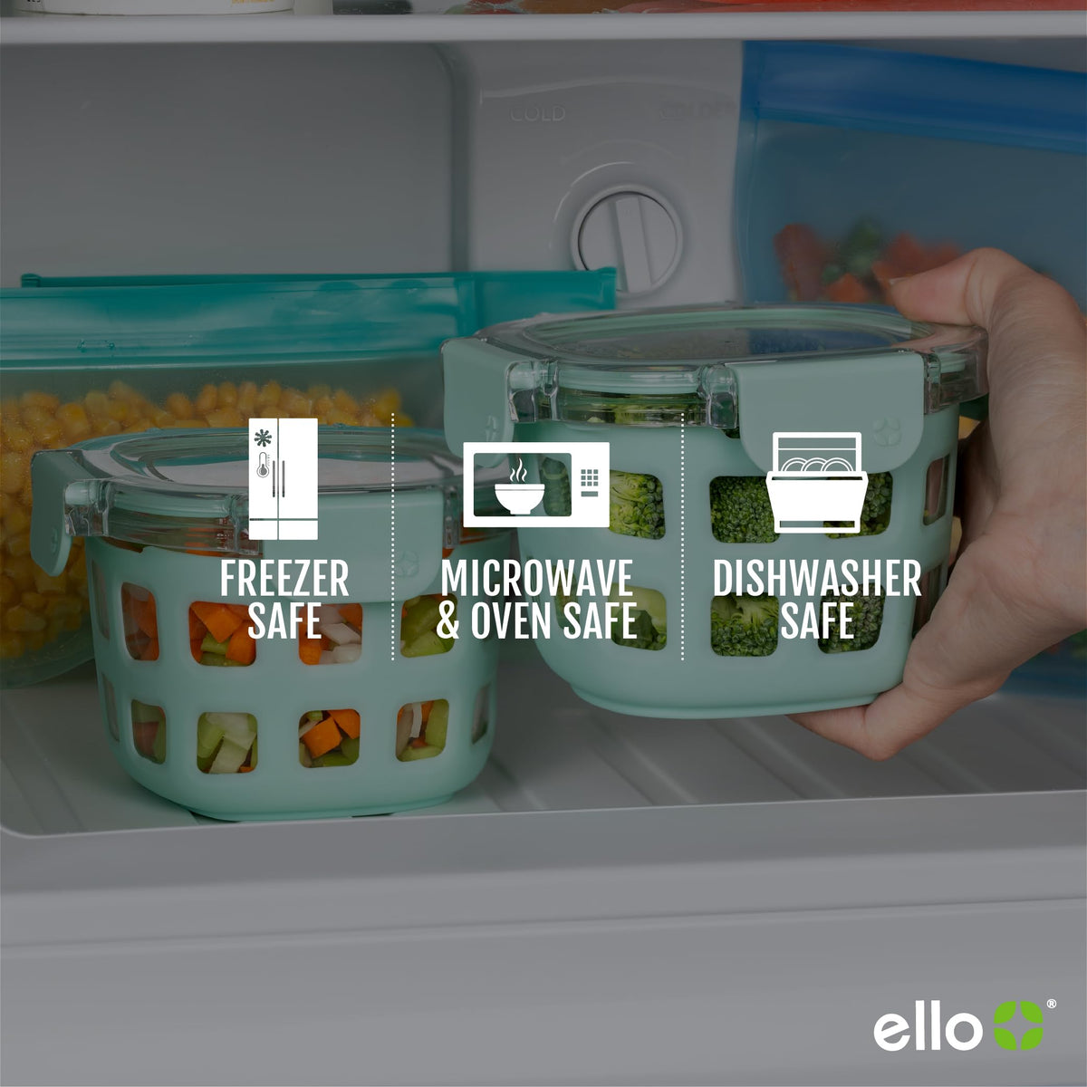 Ello Duraglass microwave-oven safe containers for convenient reheating without lids.