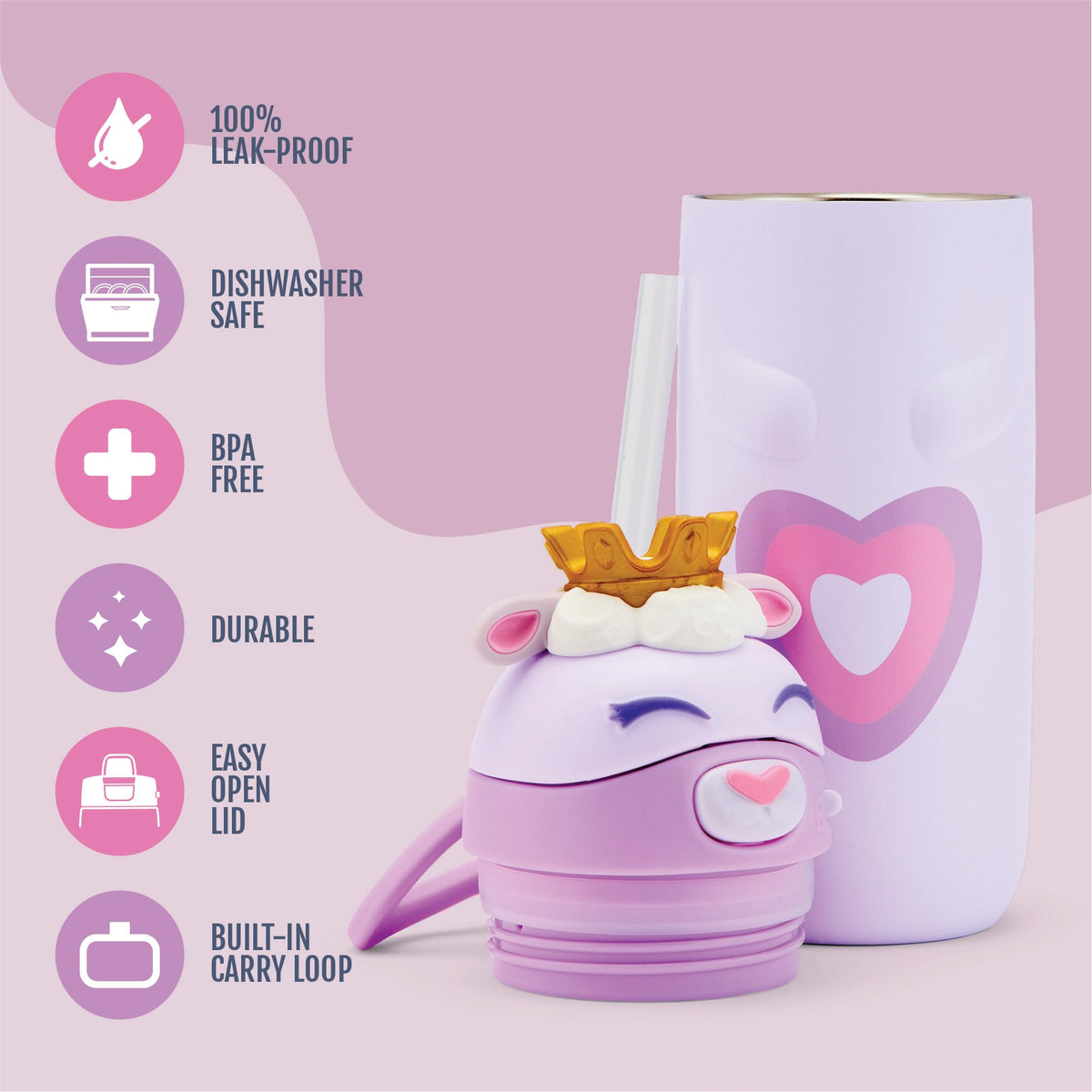 Ello Ellies 12oz bottle with leak-proof locking lid keeps spills away.