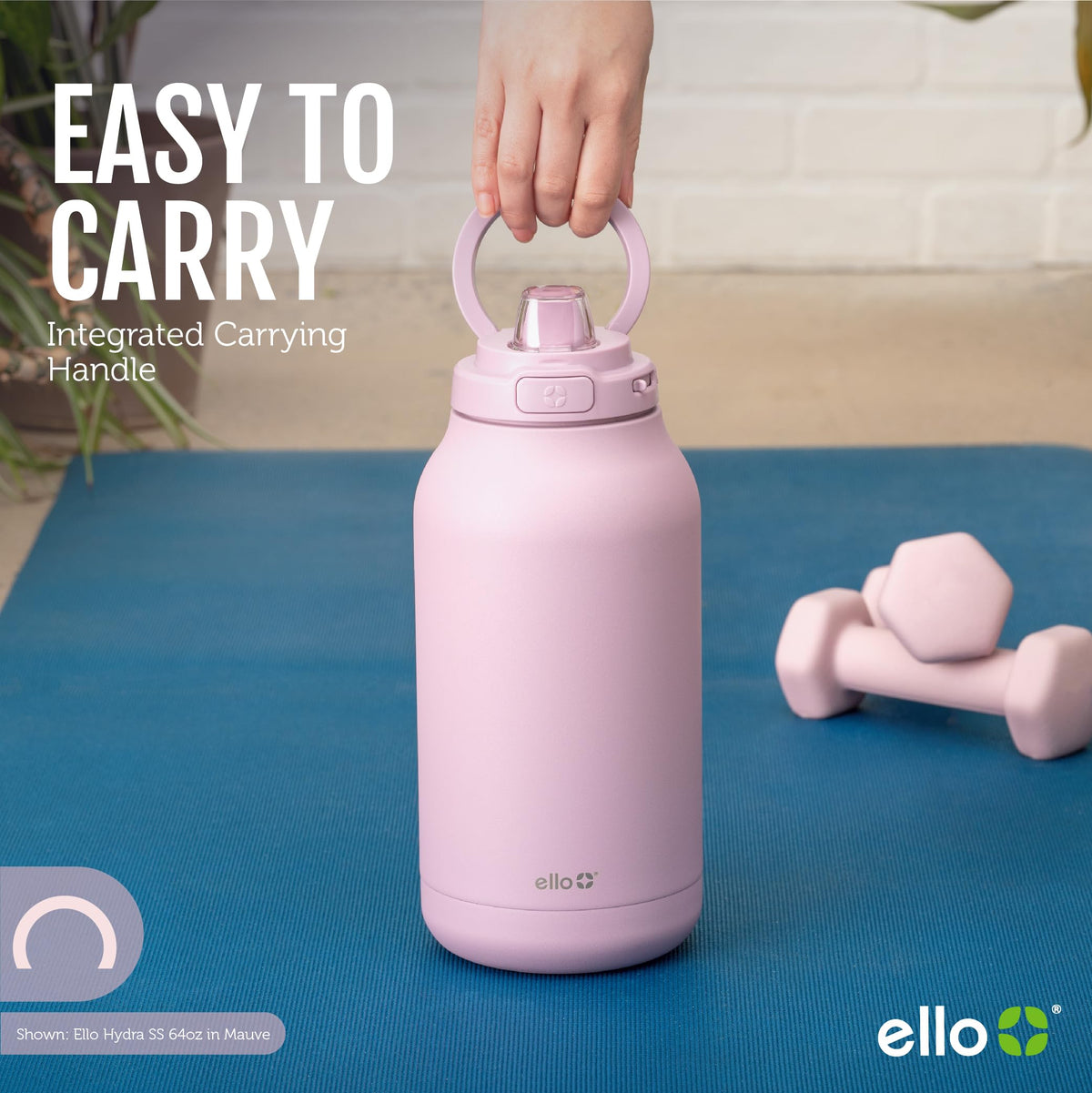 Ello Hydra 64oz bottle with locking lid prevents spills during travel.
