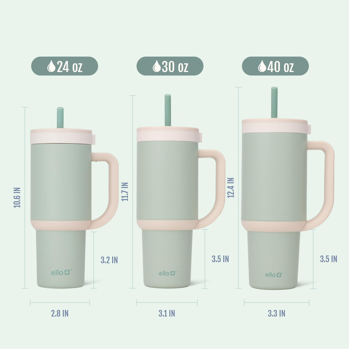 Ello Oasis 40 oz tumbler in pistachio, ideal for busy days.