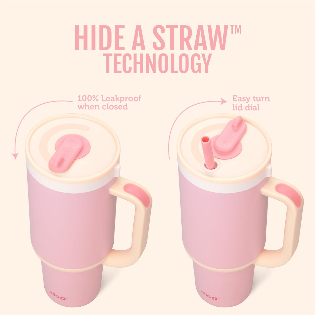 Ello Oasis with retracting straw retracted, leak-proof lid for mess-free transport