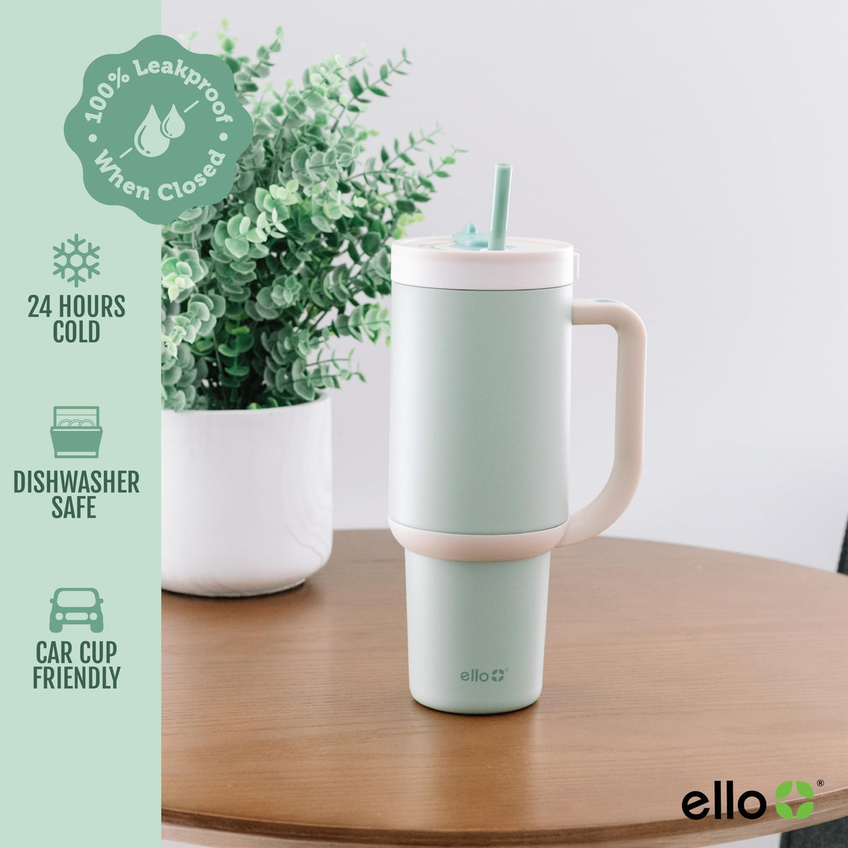 Ello Oasis cup holder-friendly design fits most car cup holders for easy hydration.