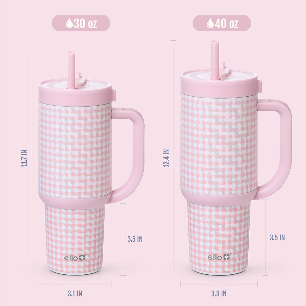 Ello Oasis 30 oz tumbler shown in fashion-forward pink gingham.