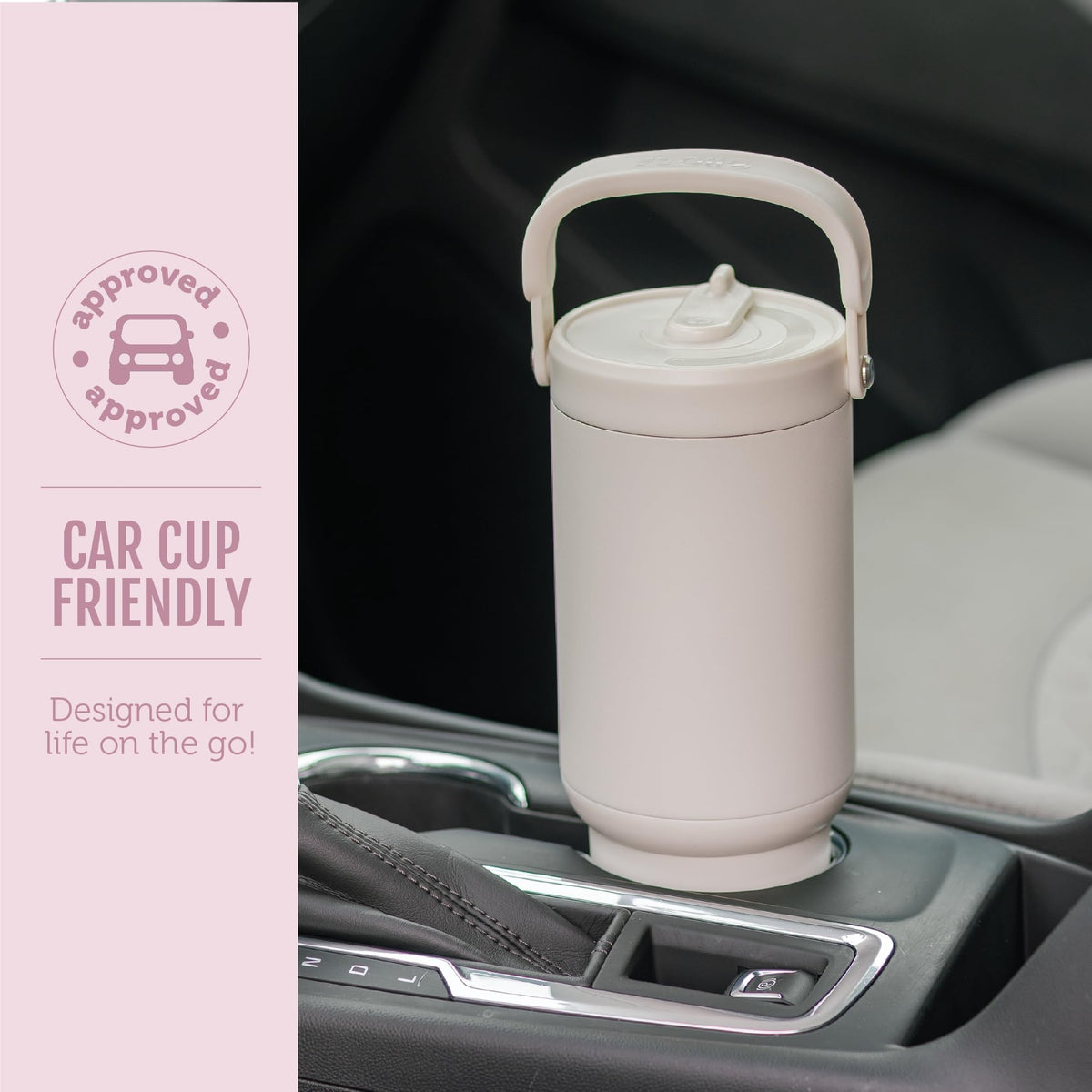 Ello Oasis Go+ cupholder-ready base fits standard car and desk setups.