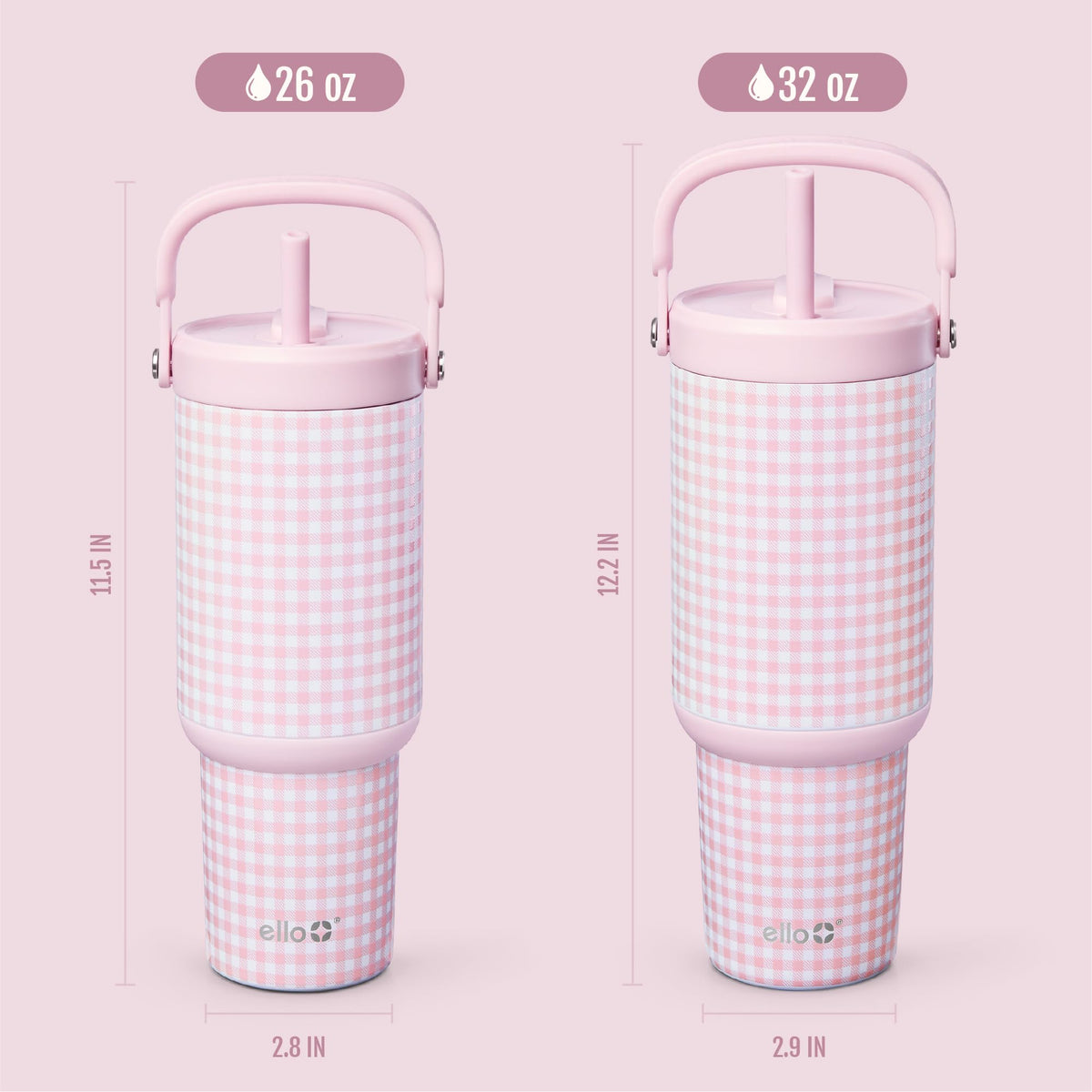 Ello Oasis Go+ pink gingham finish adds playful style to hydration.