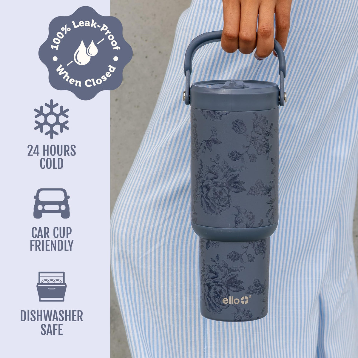 Ello Oasis Go+ slim base fits most cupholders for travel.