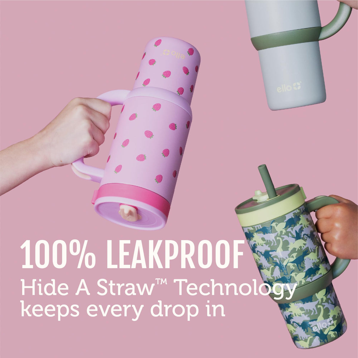 Ello Oasis leakproof design demonstrates spill-free transport in backpacks and school bags.