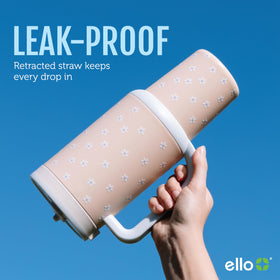 Ello Oasis leak-proof lid and retracting straw prevent spills during commutes.