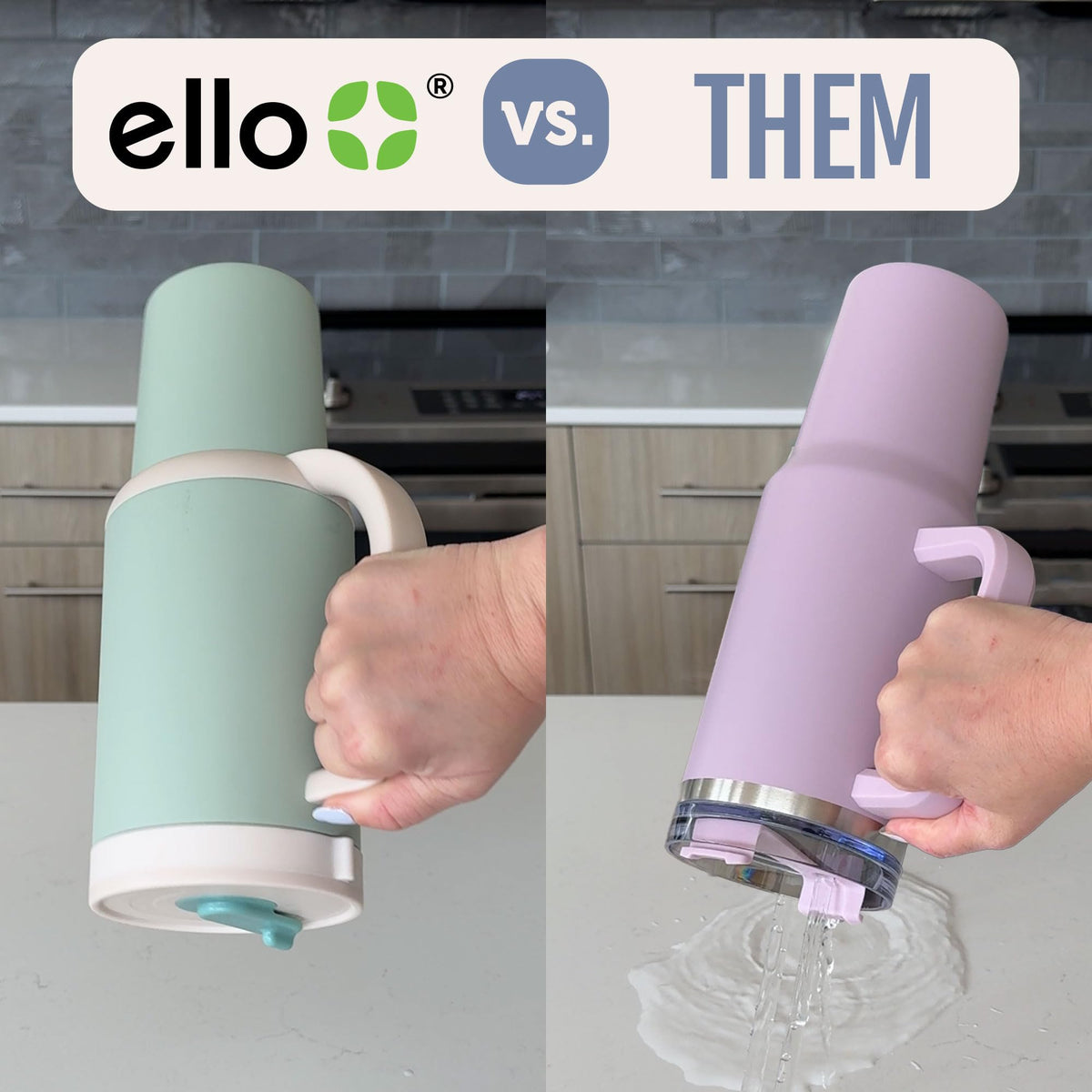 Ello Oasis lid with hide-a-straw technology keeps surfaces clean and prevents spills.