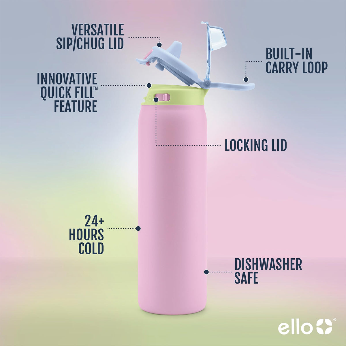 Ello Pop & Fill bottle with leak-proof locking lid ensuring spill-free transport.